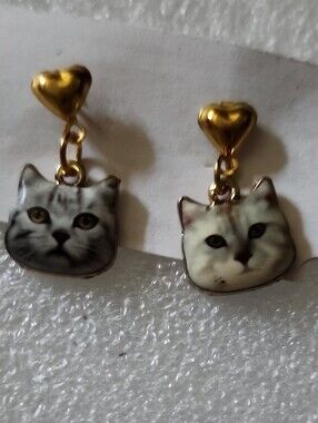 Hand Crafted Gold Heart Cat Face Drop Earrings with White and Gray Cats